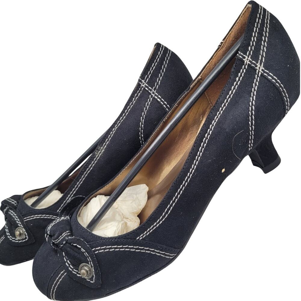 Vintage Black Kitten Heels Secretary Chic Coquette Bow Pumps